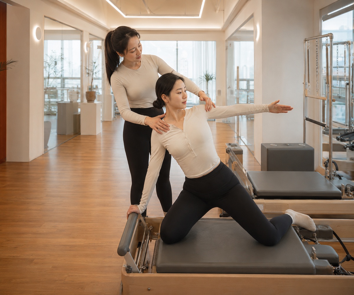ARCHIVE PILATES 강사레슨에서 수업 피드백을 나누는 장면